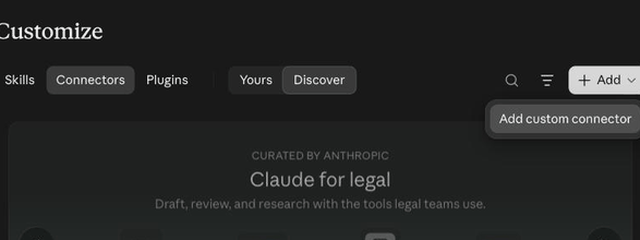 Adding the server in Claude: the Add custom connector menu item, the dialog with the MCP server URL typed in, and the Advanced section with Streamable HTTP selected.